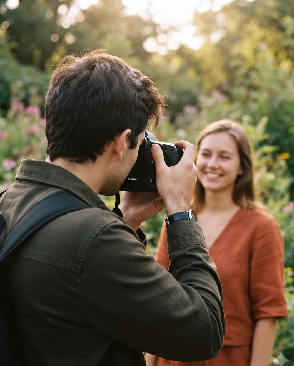 Cours de portrait en extérieur, photographe et modèle