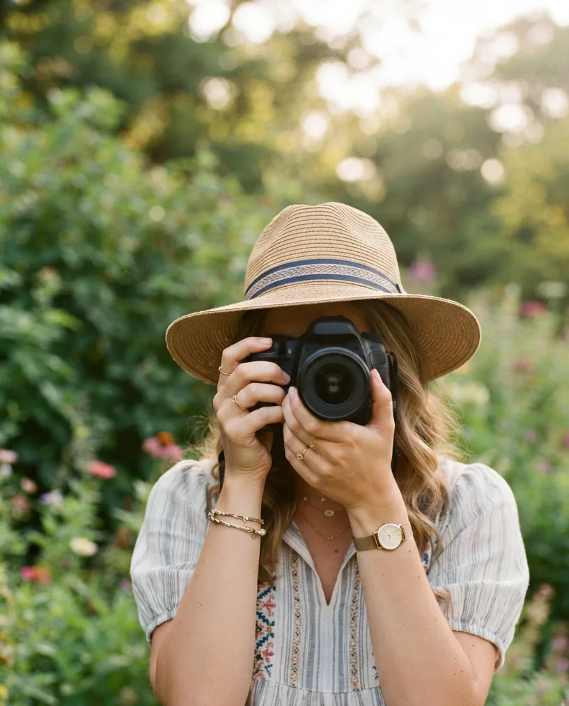 Photographe en extérieur, appareil devant le visage, dans un jardin en lumière dorée